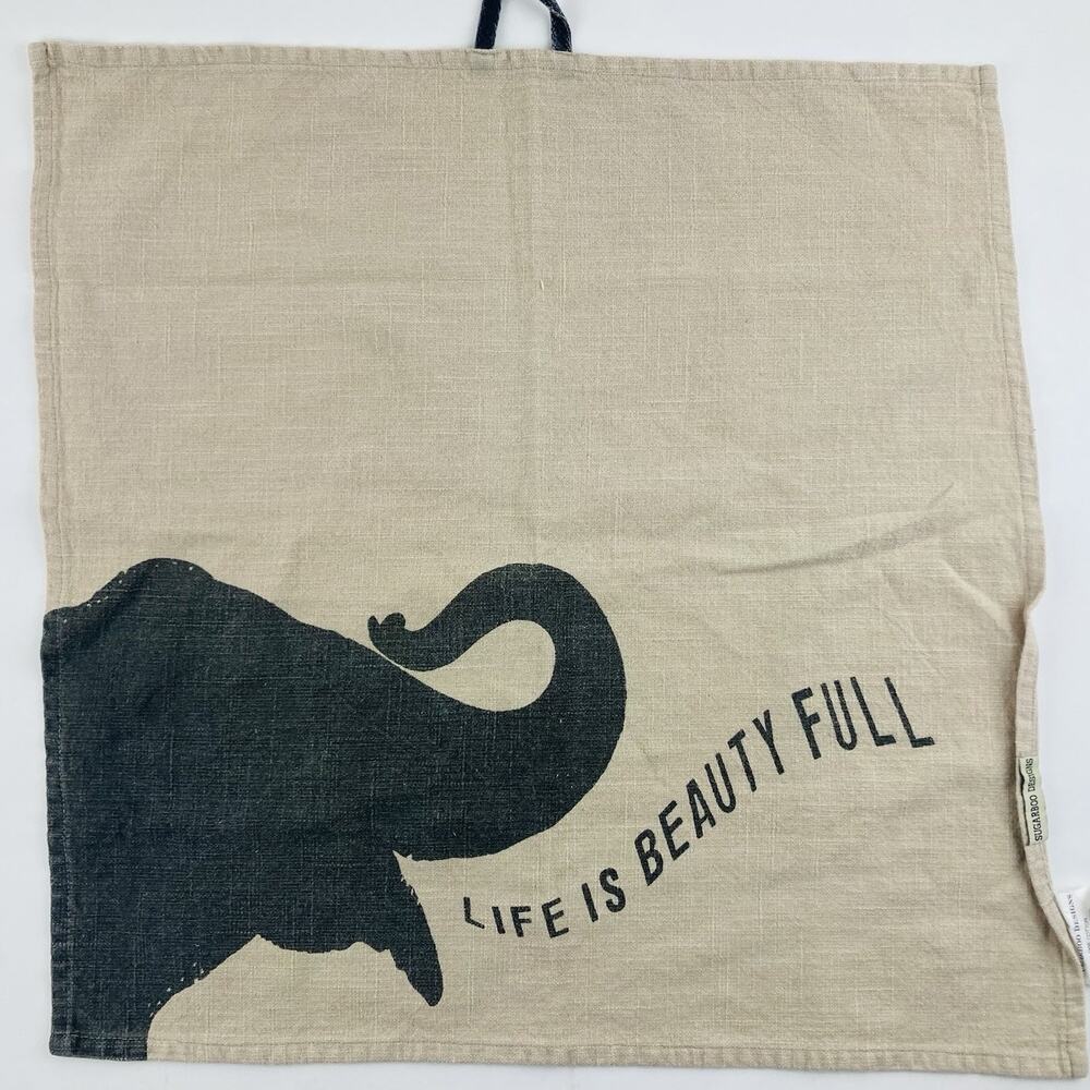 SUGARBOO DESIGNS Natural Cotton Tea Towel Elephant Tan Life Beautiful Wall Hangi